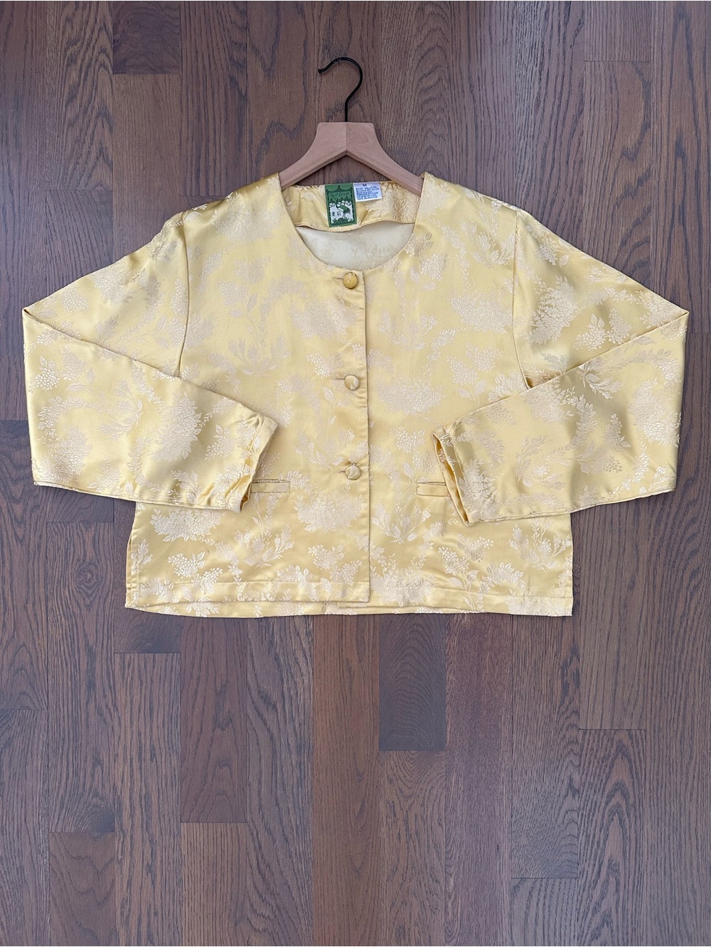 Vintage April Cornell Satin Brocade Cropped Button Front Jacket Golden Yellow M